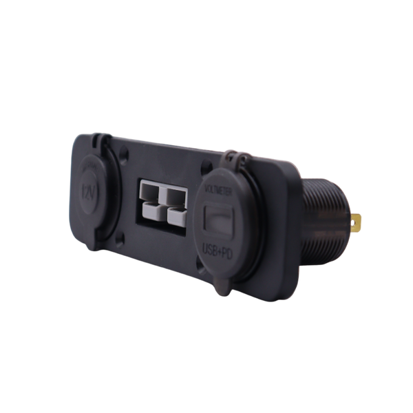 Side profile of flush mount panel showing mounting threads and rear electrical terminals