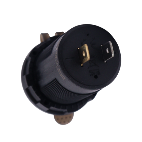 Rear view of socket housing showing two metallic spade terminal connections