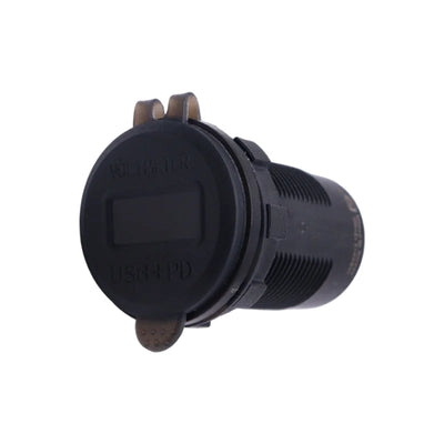 Closed translucent black dust cover on flush mount socket labeled Voltmeter and USB+PD
