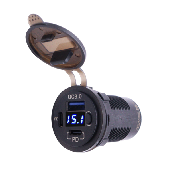 Flush mount socket with open lid showing QC3.0 USB-A port, digital voltmeter and USB-C PD port