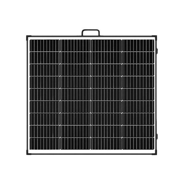 Front view of folded 200W solar panel showing cell grid and handle