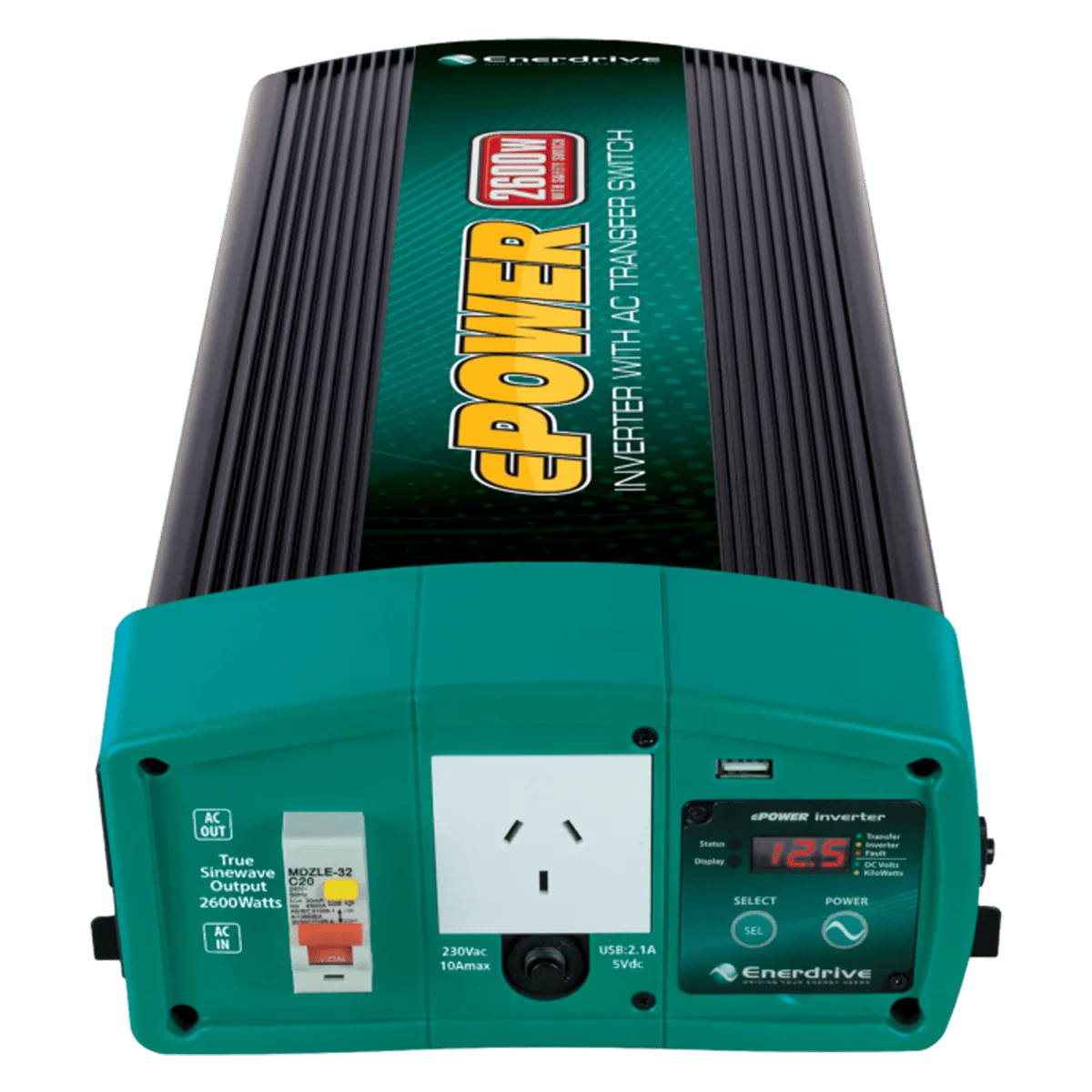 Front view of Enerdrive inverter showing AC socket RCD switch and display