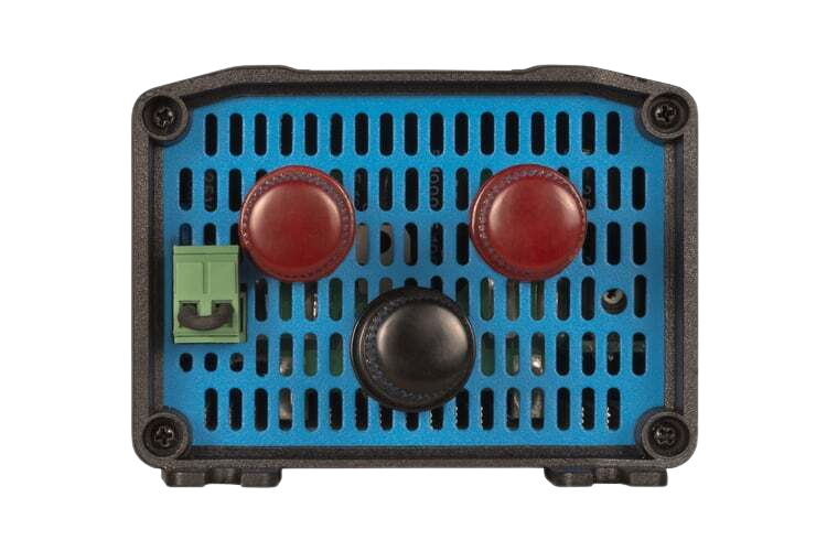 Front terminal view of the Orion 24/12-70 DC-DC converter with red and black binding posts