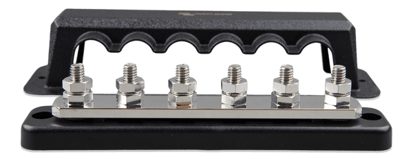 Front view of a 6-terminal 250A busbar with black ABS cover
