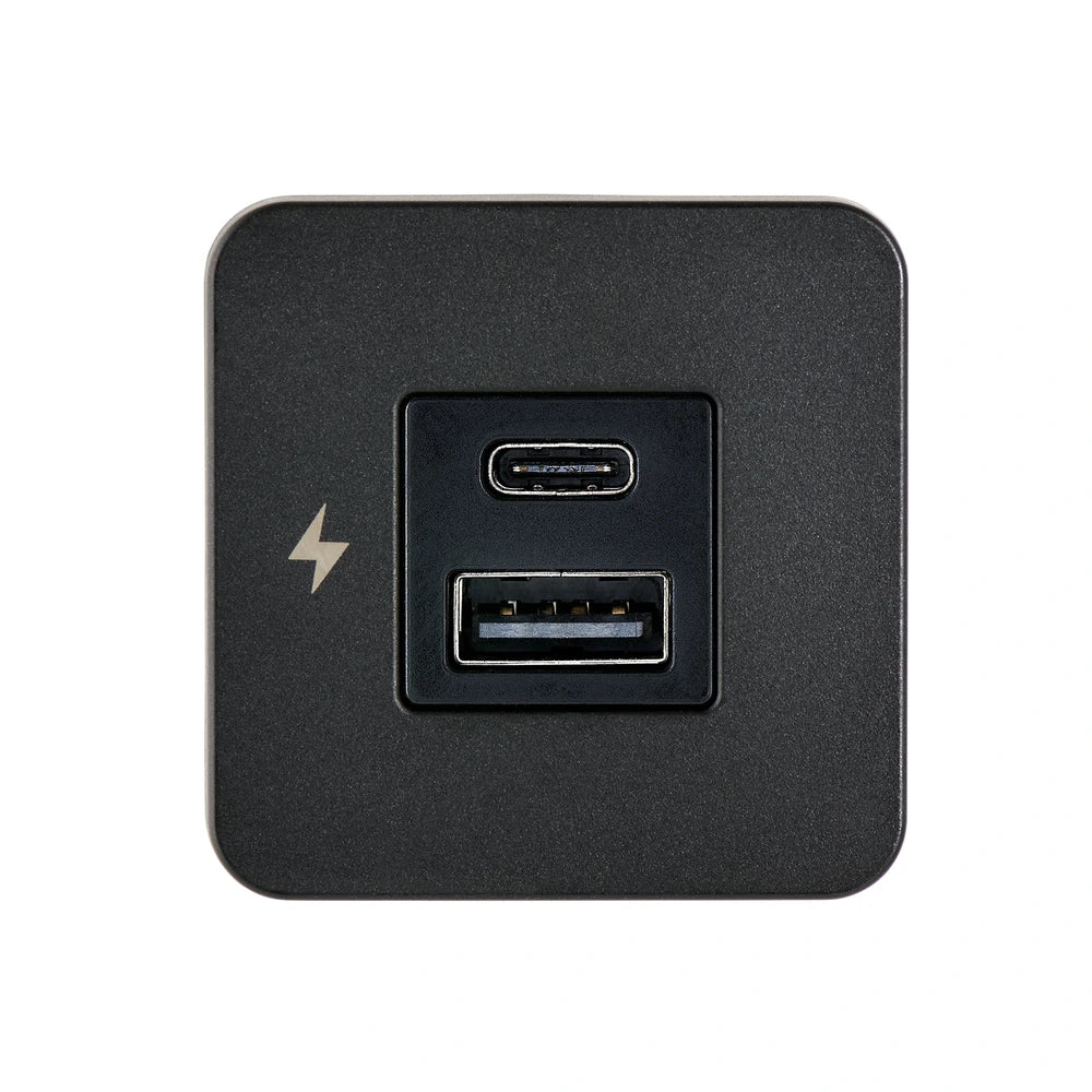 Front view of black square USB socket with USB-A and USB-C ports