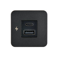 Front view of black square USB socket with USB-A and USB-C ports