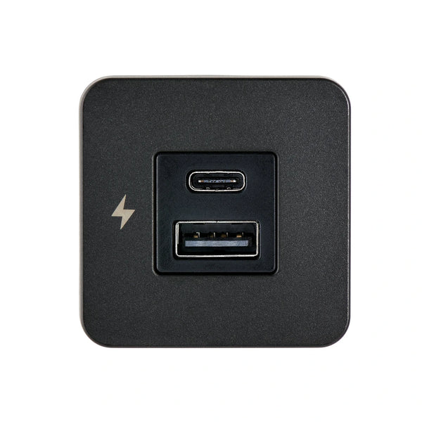 Front view of black square USB socket with USB-A and USB-C ports