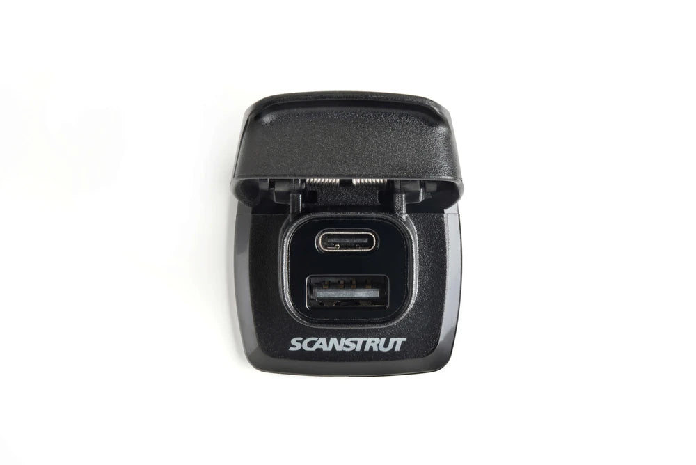 Front view of the Scanstrut Flip Pro dual USB socket with open lid