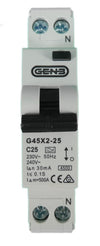 Front technical view of 25A RCBO circuit breaker showing terminals and test button