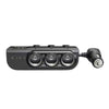 Front view showing three 12V sockets and two USB-C ports with cigarette lighter plug