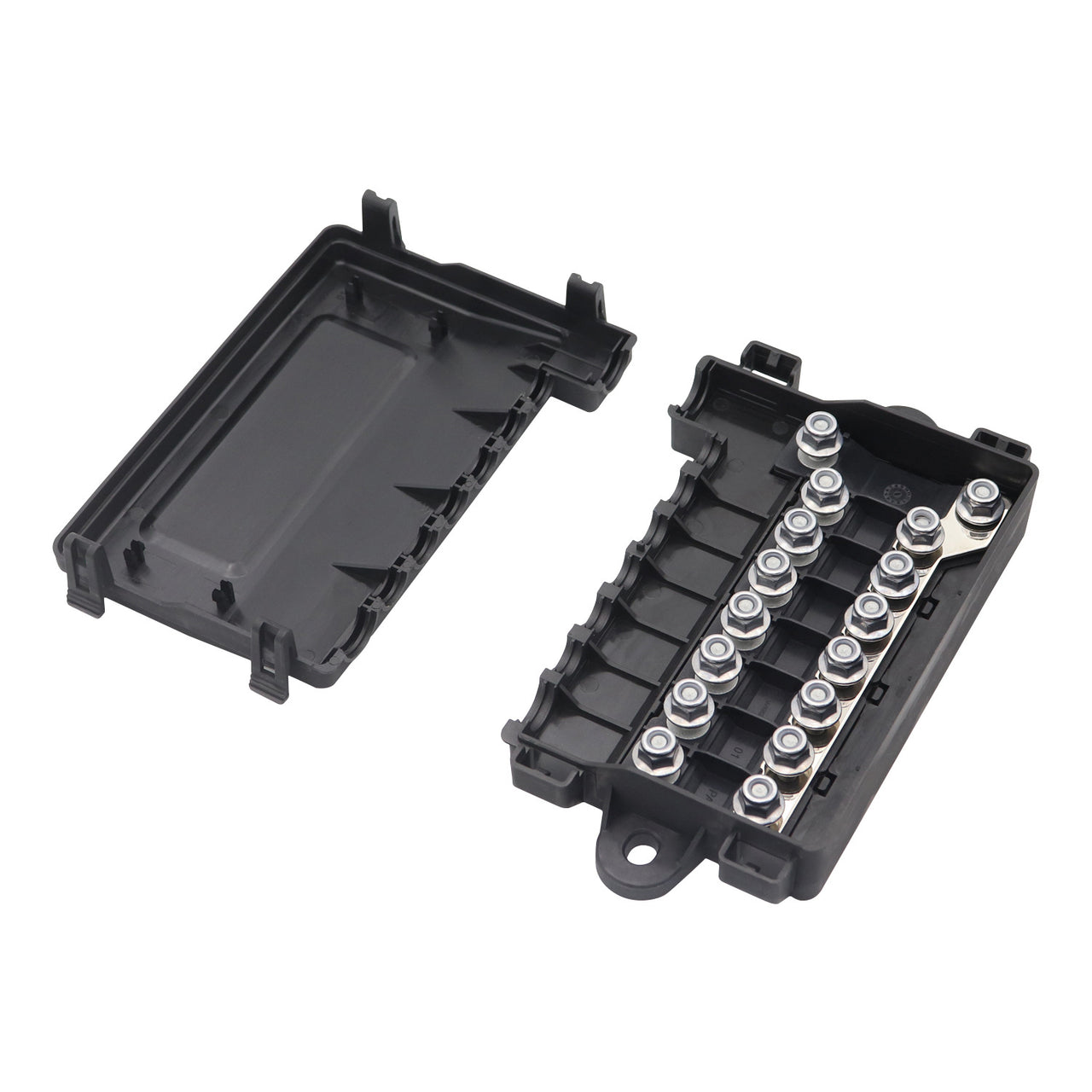Angled view of fuse block base showing stainless steel nuts and plastic housing