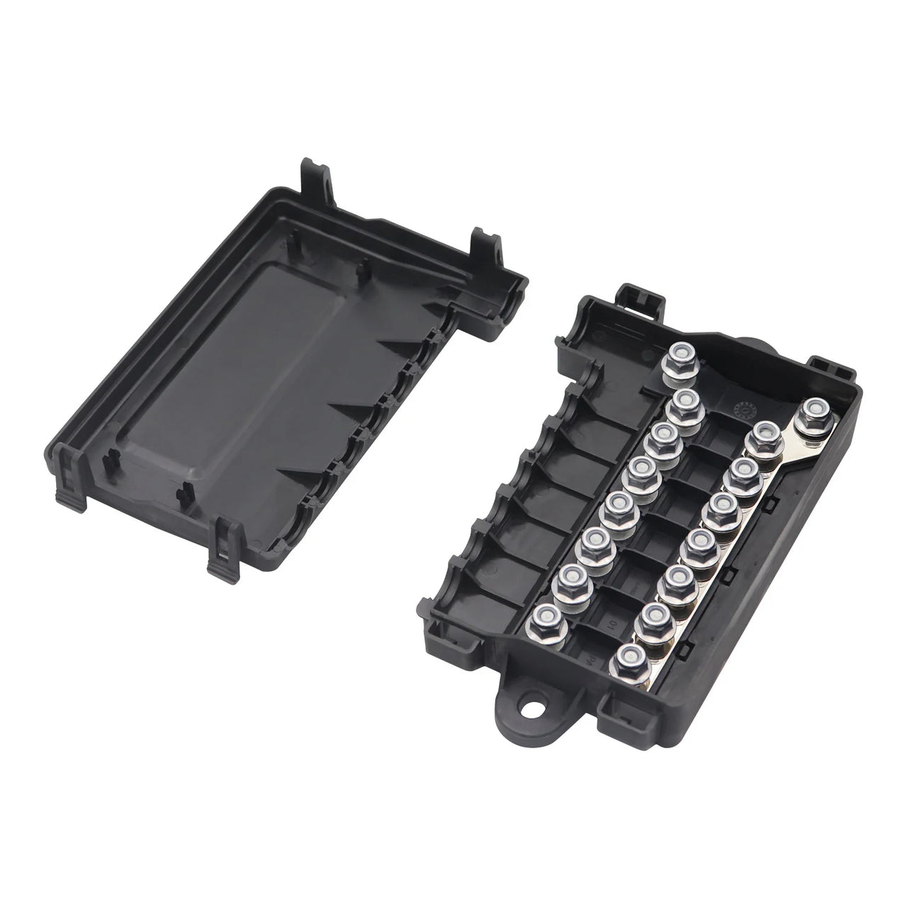 Angled view of fuse block base showing stainless steel nuts and plastic housing