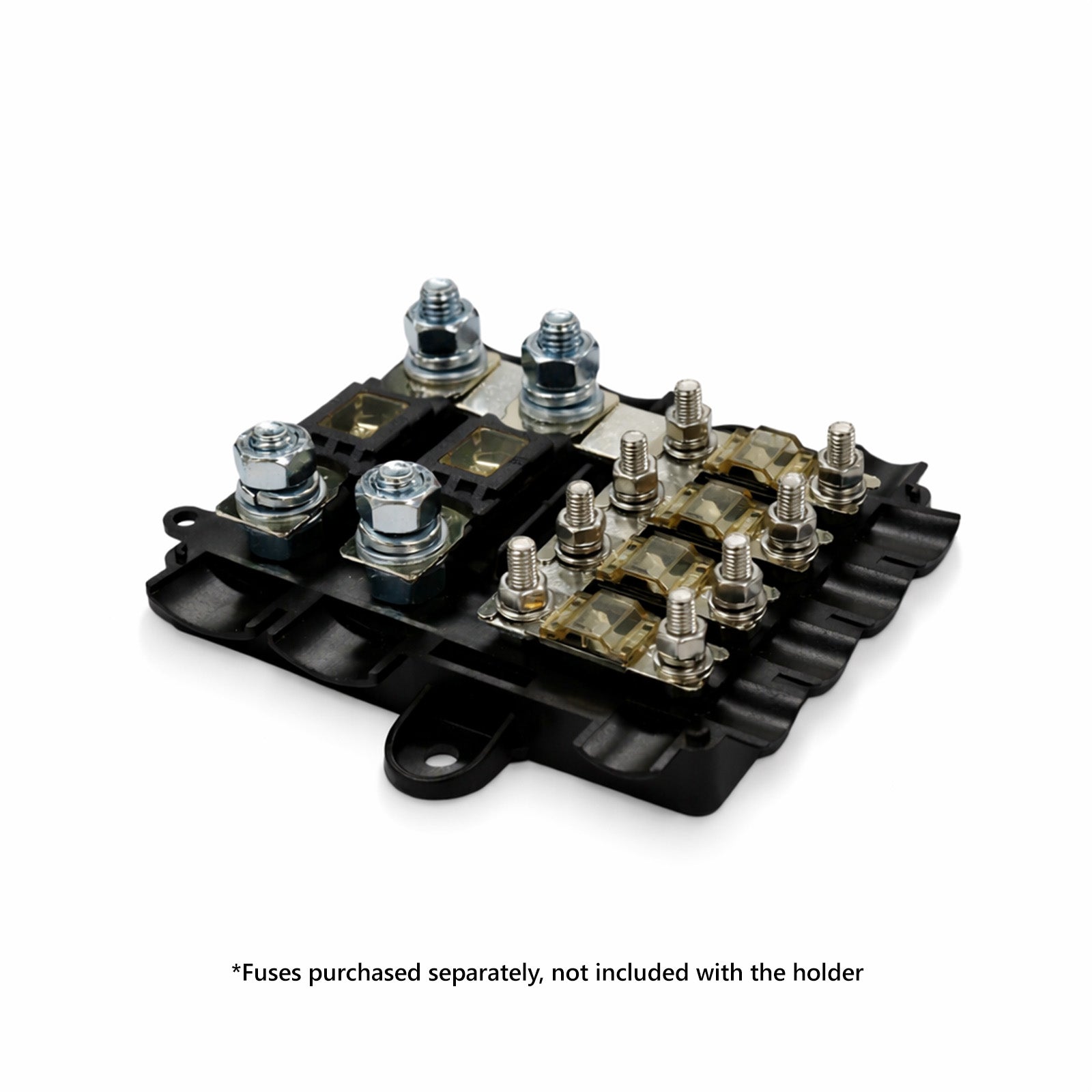 Angled view of the 4-way MIDI and 2-way MEGA fuse holder with fuses installed for demonstration