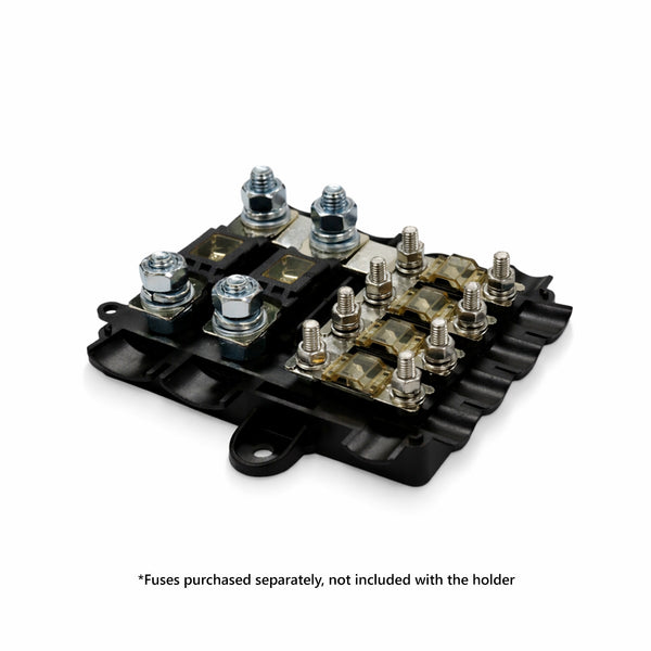 Angled view of the 4-way MIDI and 2-way MEGA fuse holder with fuses installed for demonstration