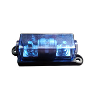 Assembled 200A fuse holder with transparent blue cover protecting the internal ceramic fuse and connections