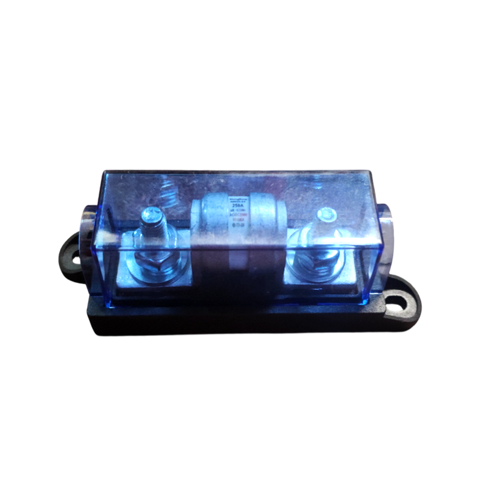 Assembled fuse holder with transparent blue cover protecting the internal 250A ceramic fuse and connections