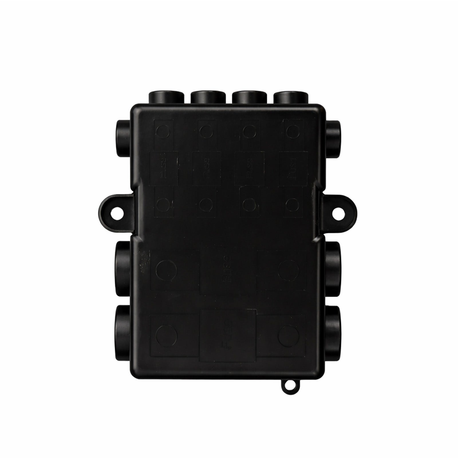 Top view of black fuse holder cover with embossed fuse location labels