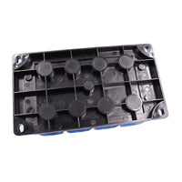 Bottom view of black fuse holder base showing structural ribbing and mounting holes