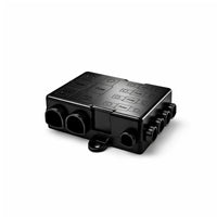 Fuse holder with black protective cover showing cable entry points and fuse identification labels