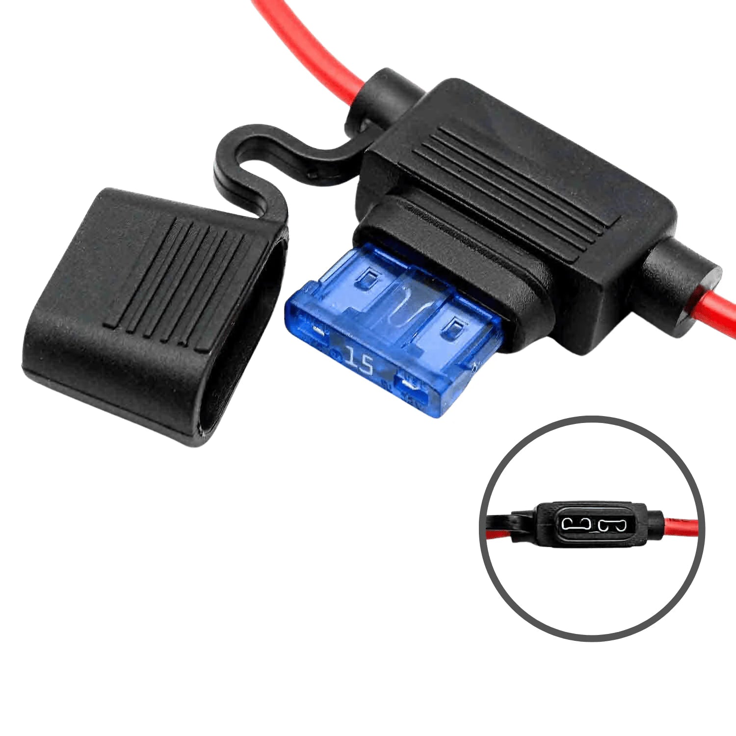 Fuse holder with blue 15A fuse inserted and circular inset showing internal terminals