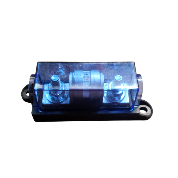 Side profile of fuse holder with installed 125A ceramic fuse and blue transparent protective cover