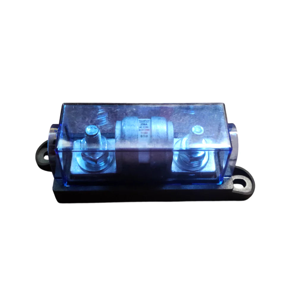 Side profile of fuse holder with installed ceramic fuse and blue transparent protective cover