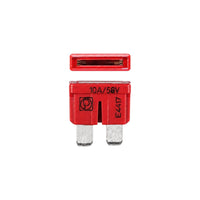 Front and top views of a red 10A 58V fast-acting blade fuse showing ratings and transparent window