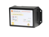 Side angle view of the black waterproof solar controller casing and label details