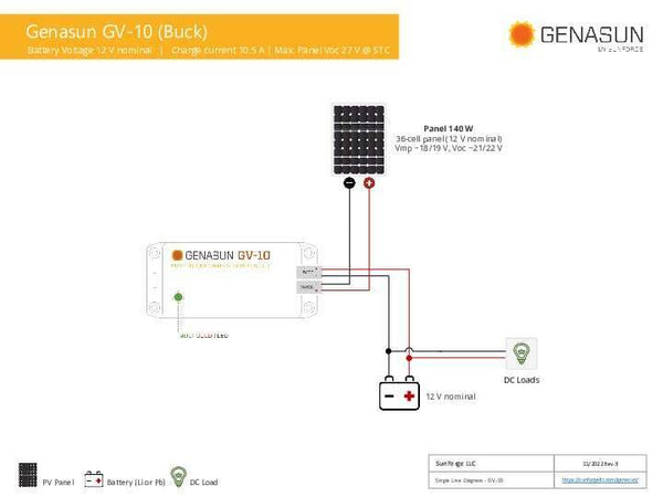 Technical single line diagram for Genasun GV-10 installation with voltage specifications