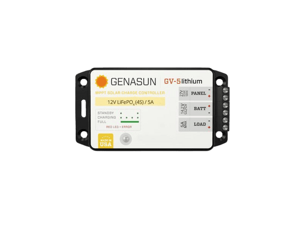 Top-down view of Genasun GV-5 12V lithium solar controller showing labels and mounting holes