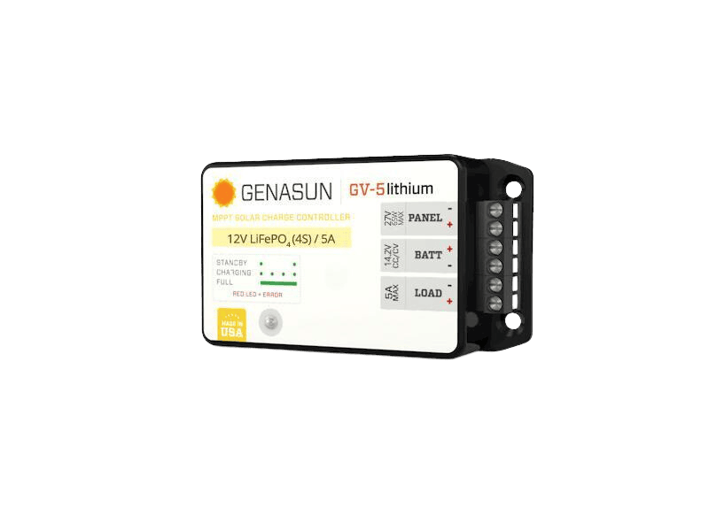 Side view of Genasun GV-5 controller highlighting the 6-position screw terminal block