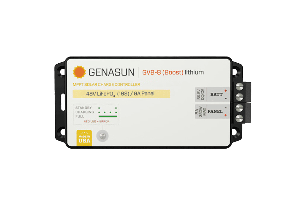 Top-down view of Genasun MPPT solar charge controller showing terminals and indicators
