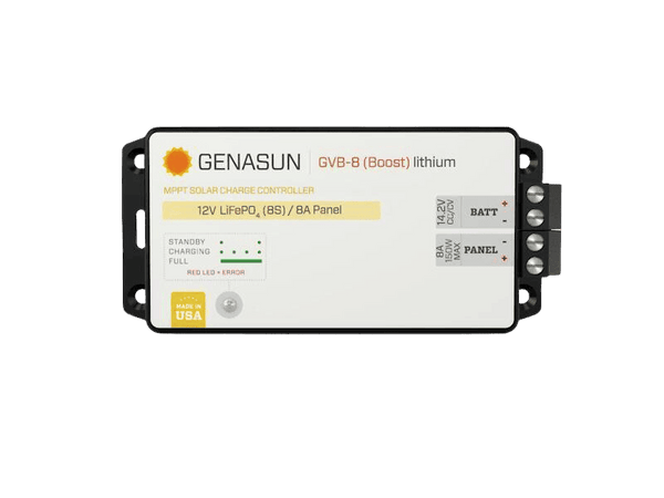 Top view of Genasun GVB-8 MPPT controller showing LED status indicators and terminal blocks