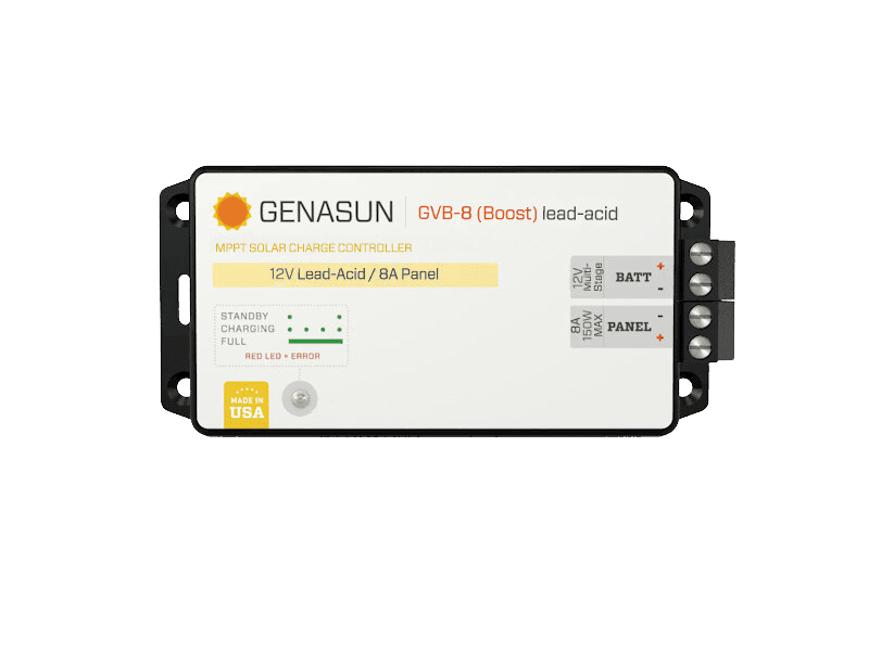 Top-down view of Genasun GVB-8 MPPT boost controller showing terminals and status LEDs