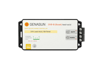 Top-down view of Genasun GVB-8-Pb-24V MPPT boost solar charge controller showing terminals and LED indicators