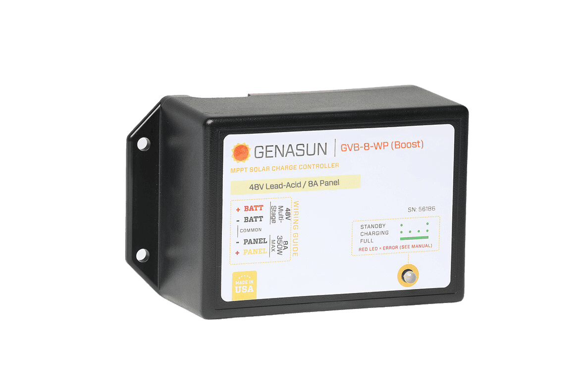 Front view of Genasun GVB-8-WP waterproof solar charge controller showing label and mounting flanges