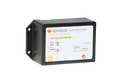 Angled view of Genasun solar charge controller showing label with wiring guide and LED status
