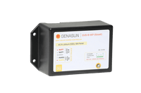 Angled view of Genasun waterproof MPPT solar charge controller showing wiring guide and status LED