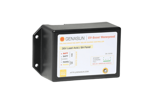Genasun 36V waterproof MPPT solar charge controller with wiring guide and status LED