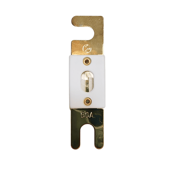 Front view of 60A ANL fuse with gold-plated terminals and ceramic housing