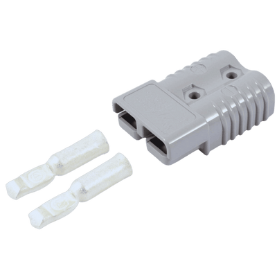 Grey 120A Anderson plug connector housing displayed with two separated silver contacts