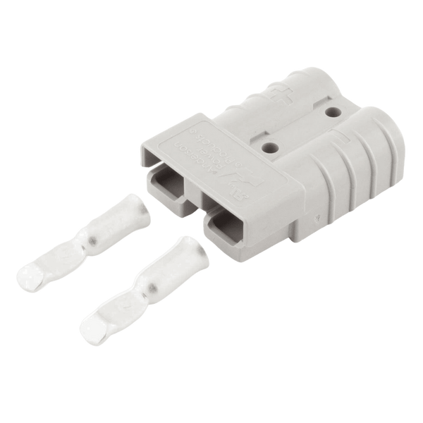 Grey 50A Anderson plug housing shown with two silver 6AWG contacts