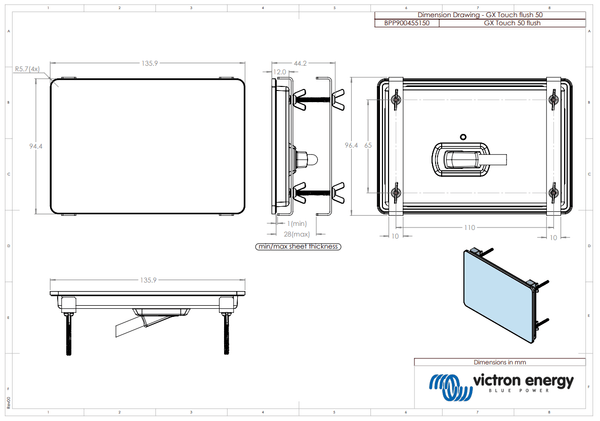 Technical dimension drawing of GX Touch 50 flush display showing measurements in millimetres