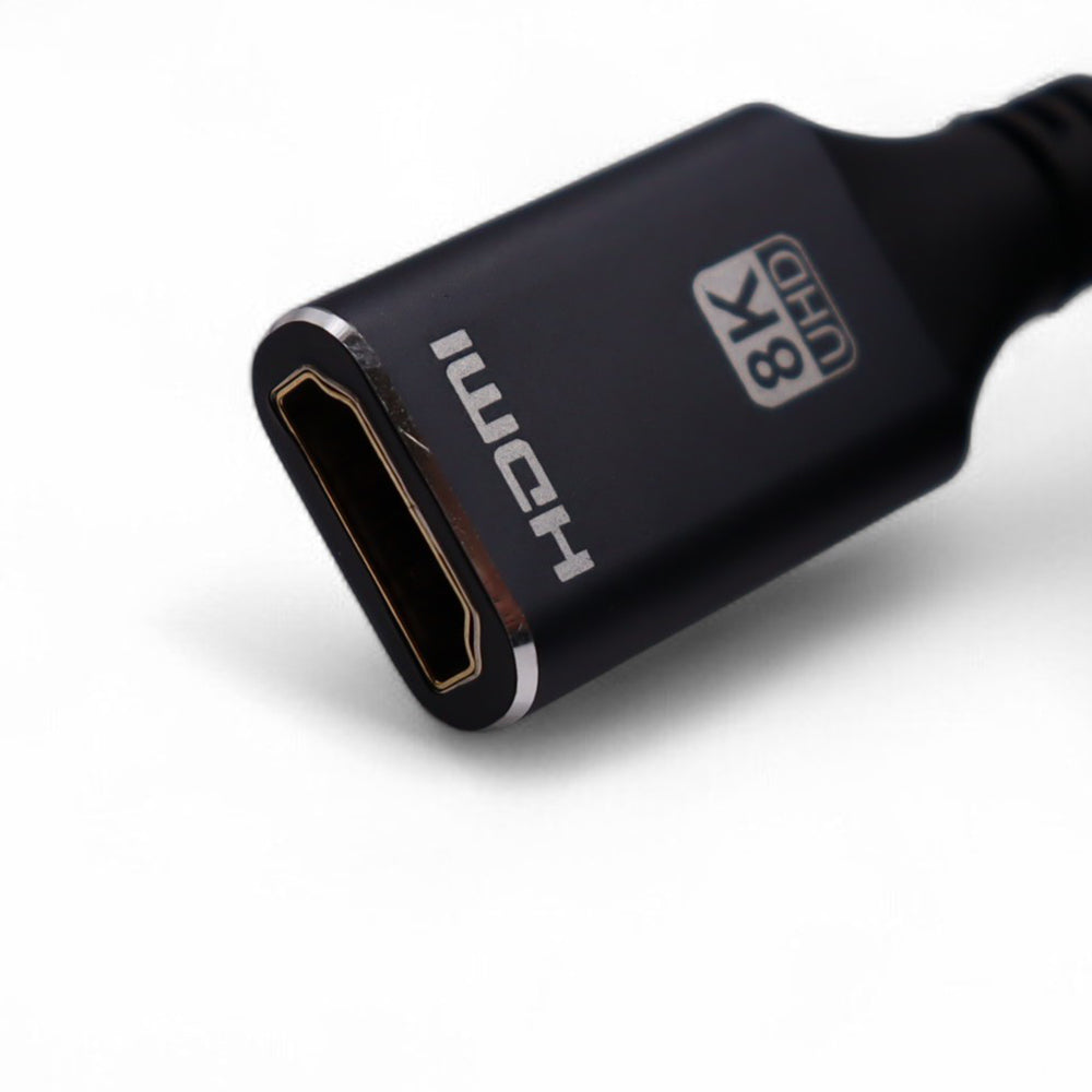 Close-up of female HDMI connector housing labelled 8K UHD