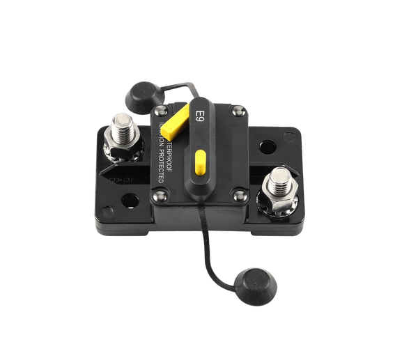 Side profile of waterproof circuit breaker showing robust housing and terminals