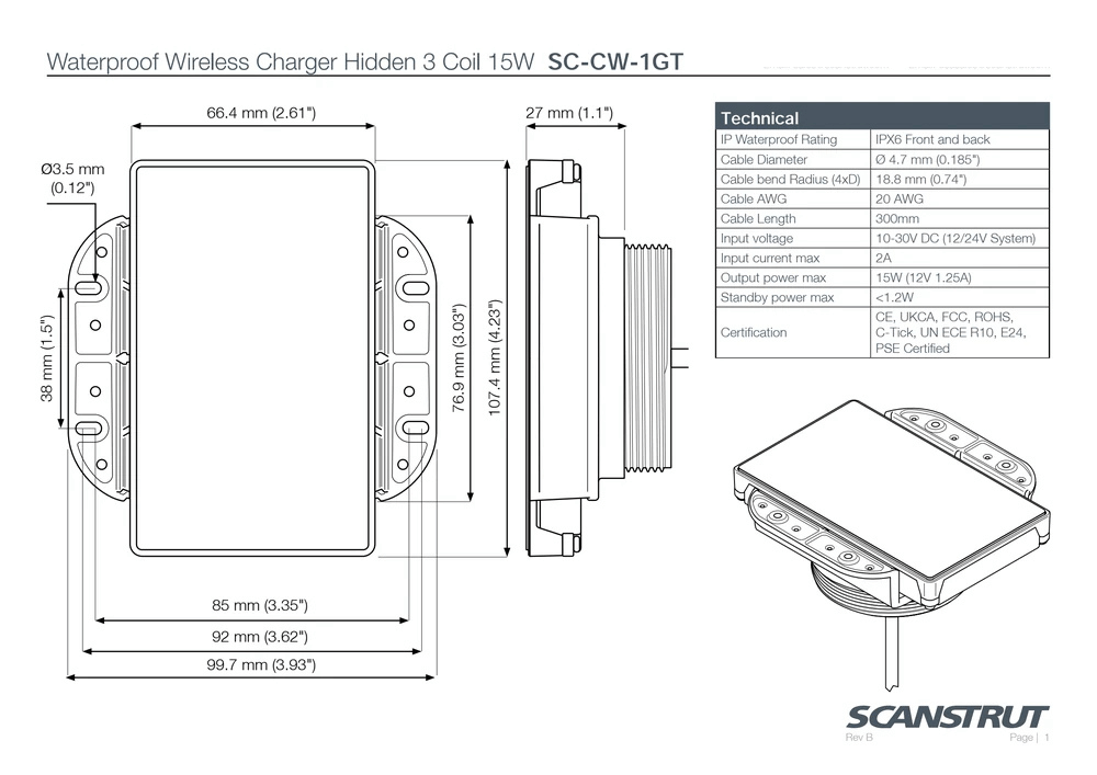 Technical drawing showing dimensions of the 15W hidden charger unit and mounting bracket