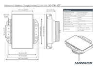 Technical drawing showing dimensions of the 15W hidden charger unit and mounting bracket