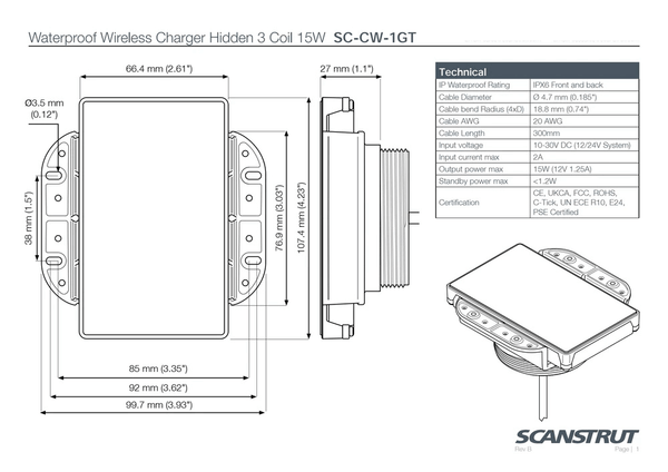 Technical drawing showing dimensions of the 15W hidden charger unit and mounting bracket