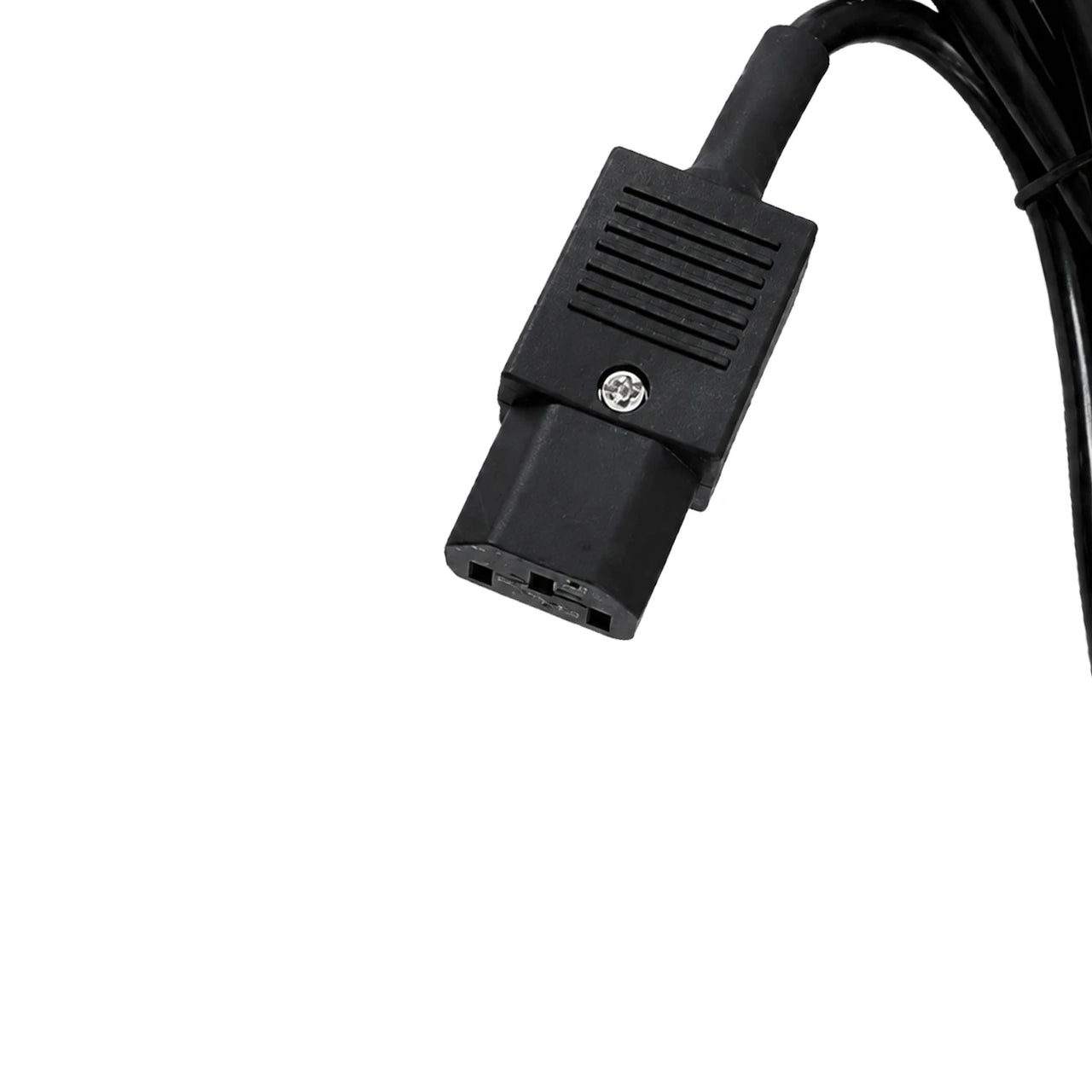 Close-up of the IEC C13 connector showing the retainer screw point