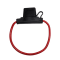 Red 8AWG inline maxi fuse holder with protective dust cap and cable loop